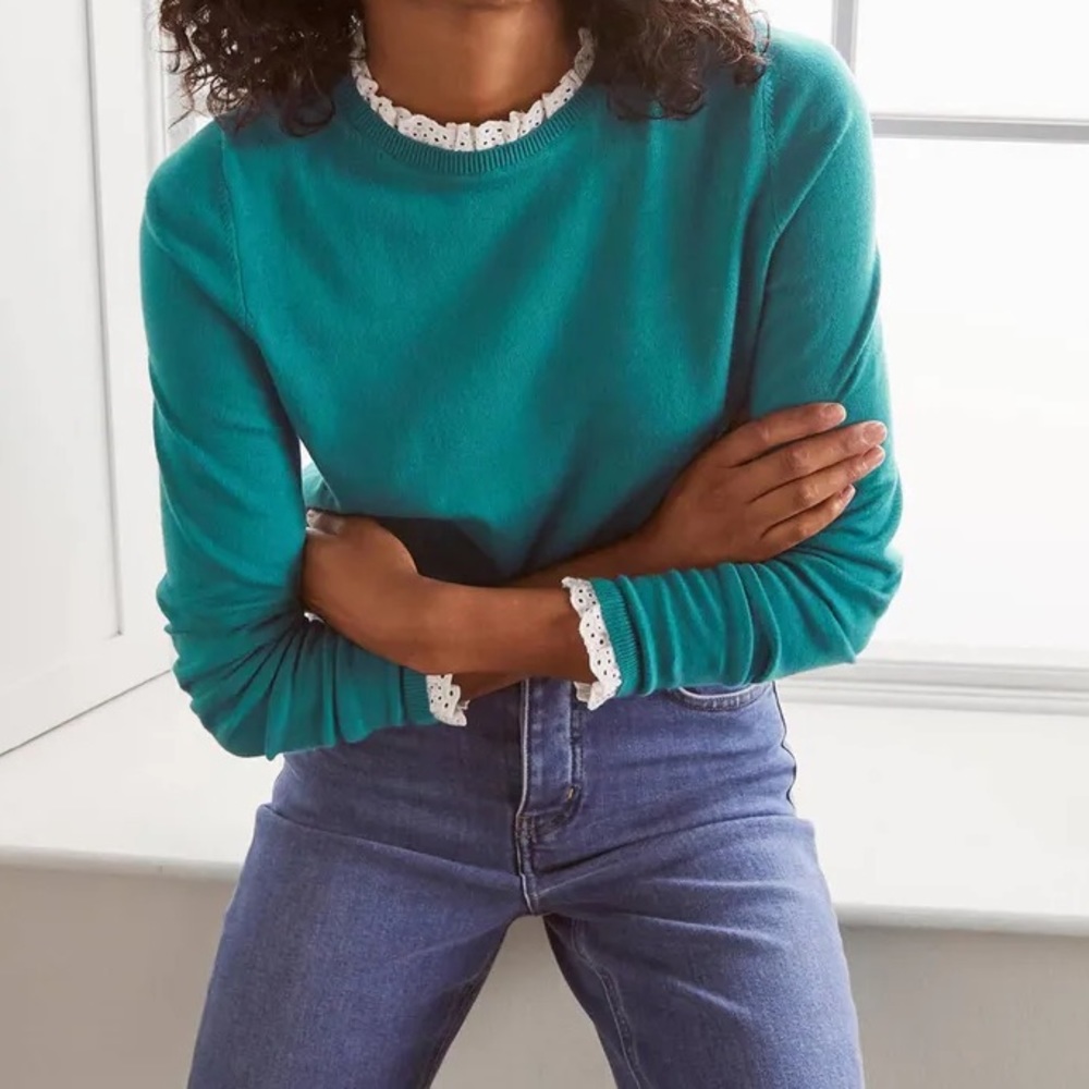 NWOT Boden Teal Lincoln Frill Cotton Sweater - M